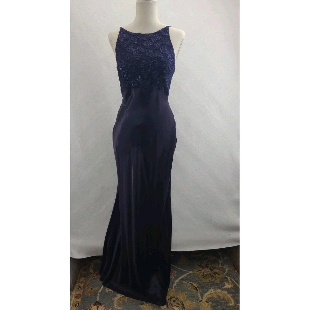Morgan & Co by Linda Bernell Navy Embroidered Top Satin Gown Lace Up Back 9/10